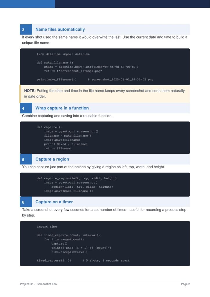 Screenshot Tool Py Project Guide 2 - Connect 4 Programming Page from a tutorial showing Python code to name files automatically, with a note and a code block at the top of the page.