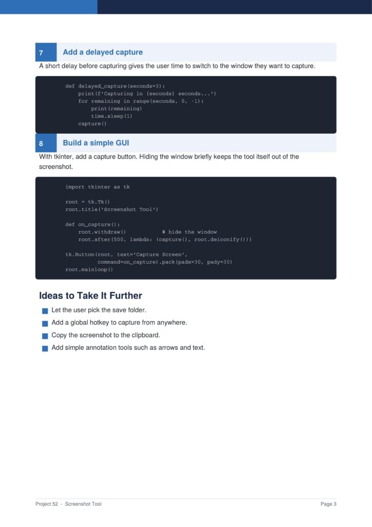 Screenshot Tool Py Project Guide 3 - Connect 4 Programming Page from a programming tutorial showing sections 7 and 8: 'Add a delayed capture' and 'Build a simple GUI' with code blocks and explanatory text.