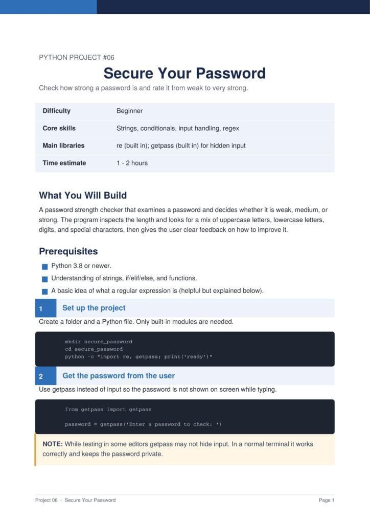 Project title card: Python Project #06 'Secure Your Password' with subtitle and a light blue info table showing Difficulty, Core skills, Main libraries, Time estimate.