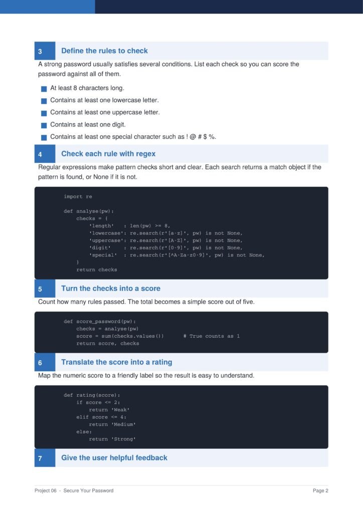 Page from a tutorial showing steps 3–7: Define rules, check with regex, turn checks into a score, translate score into rating; includes a dark code block with Python-like pseudocode and bullet rules for password strength.