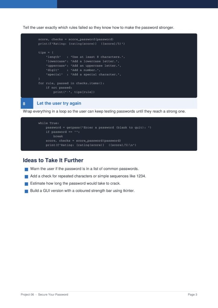 Page showing password strength tips with code blocks and a 'Let the user try again' section.