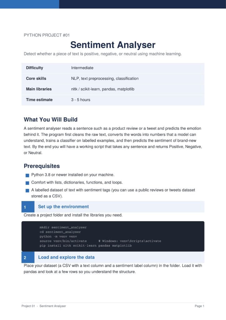 Sentiment Analyser Py Project Guide 1 - Connect 4 Programming Page from a Python project guide titled 'Sentiment Analyser' with a blue header and a table of details时期.
