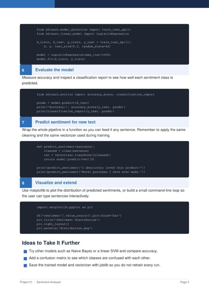 Sentiment Analyser Py Project Guide 3 - Connect 4 Programming Page from a data‑science tutorial showing code blocks for training, evaluating, and predicting sentiment in a sentiment‑analysis project (sections 6–8).