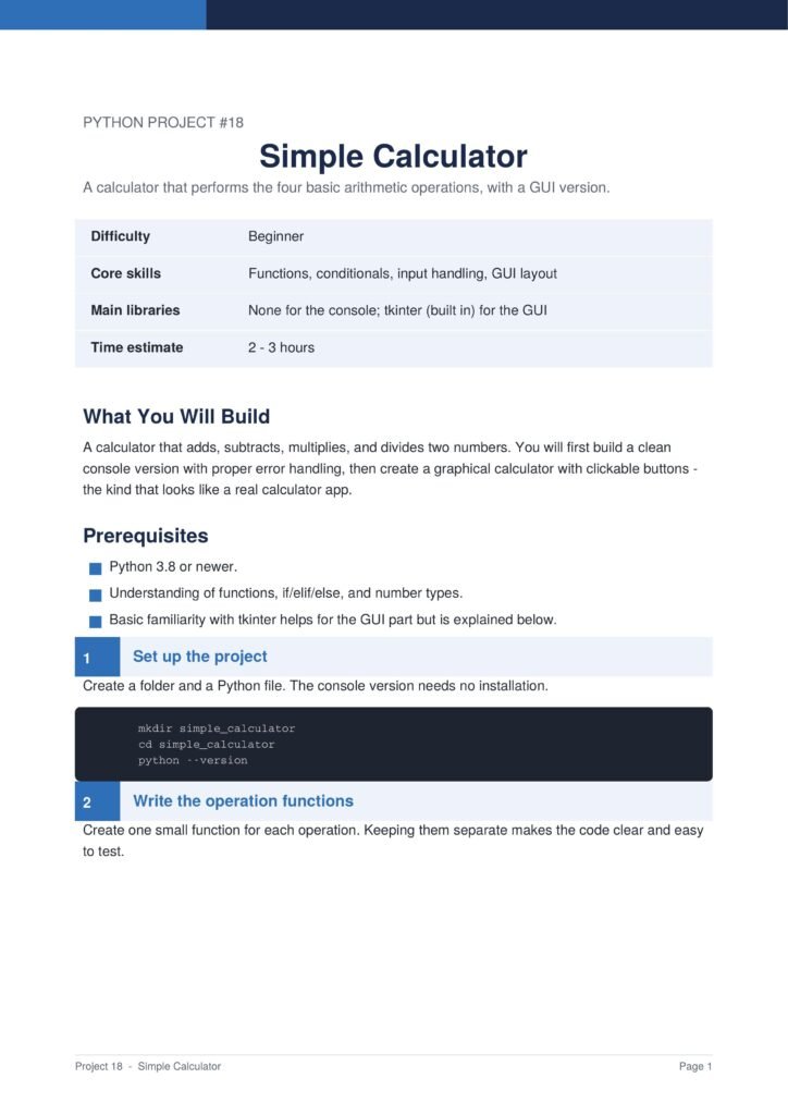 Simple Calculator Py Project Guide 1 - Connect 4 Programming Page from Python Project #18: Simple Calculator with title, subtitle, and a light blue specification table (difficulty, skills, libraries, time).