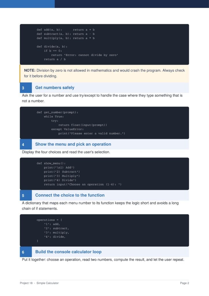 Simple Calculator Py Project Guide 2 - Connect 4 Programming Screenshot of a coding tutorial page: a dark code block, a beige note about division by zero, and a blue-tinted section labeled 'Get numbers safely' followed by other steps. Non-code text explains user prompts and validation.