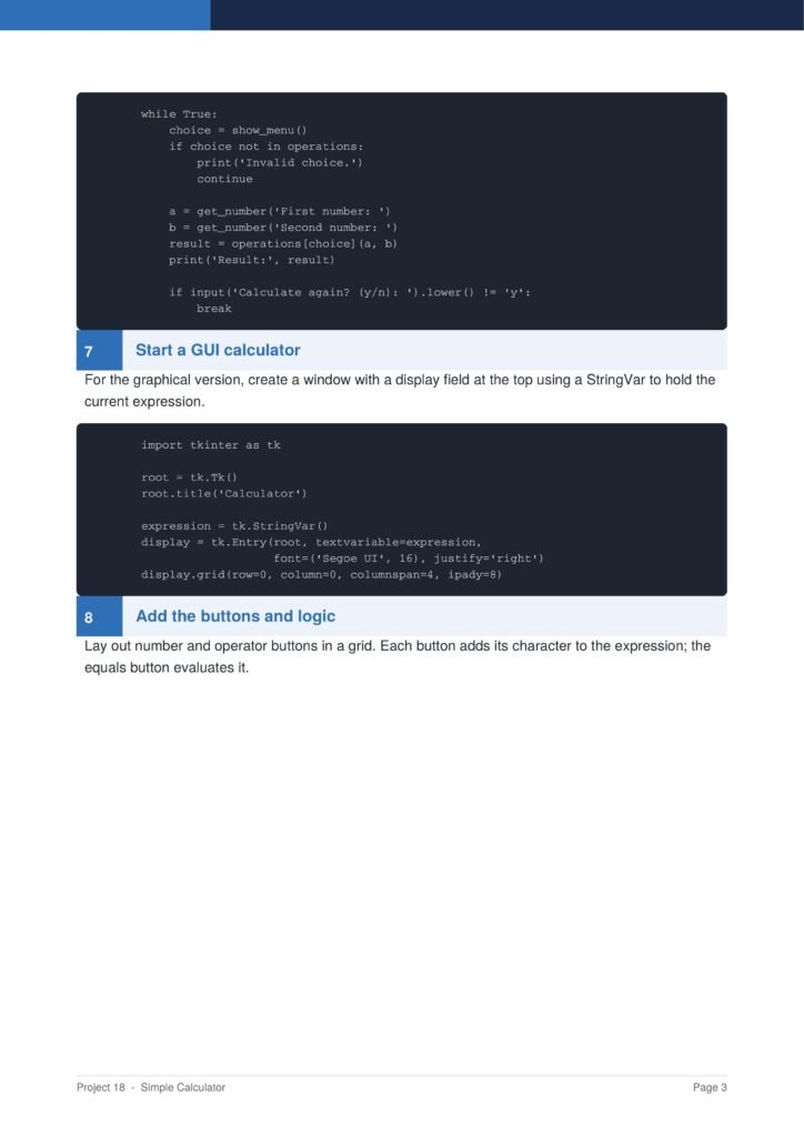 Simple Calculator Py Project Guide 3 - Connect 4 Programming Page from a programming tutorial showing Tkinter code for a GUI calculator, with section 7 'Start a GUI calculator' and section 8 'Add the buttons and logic'.