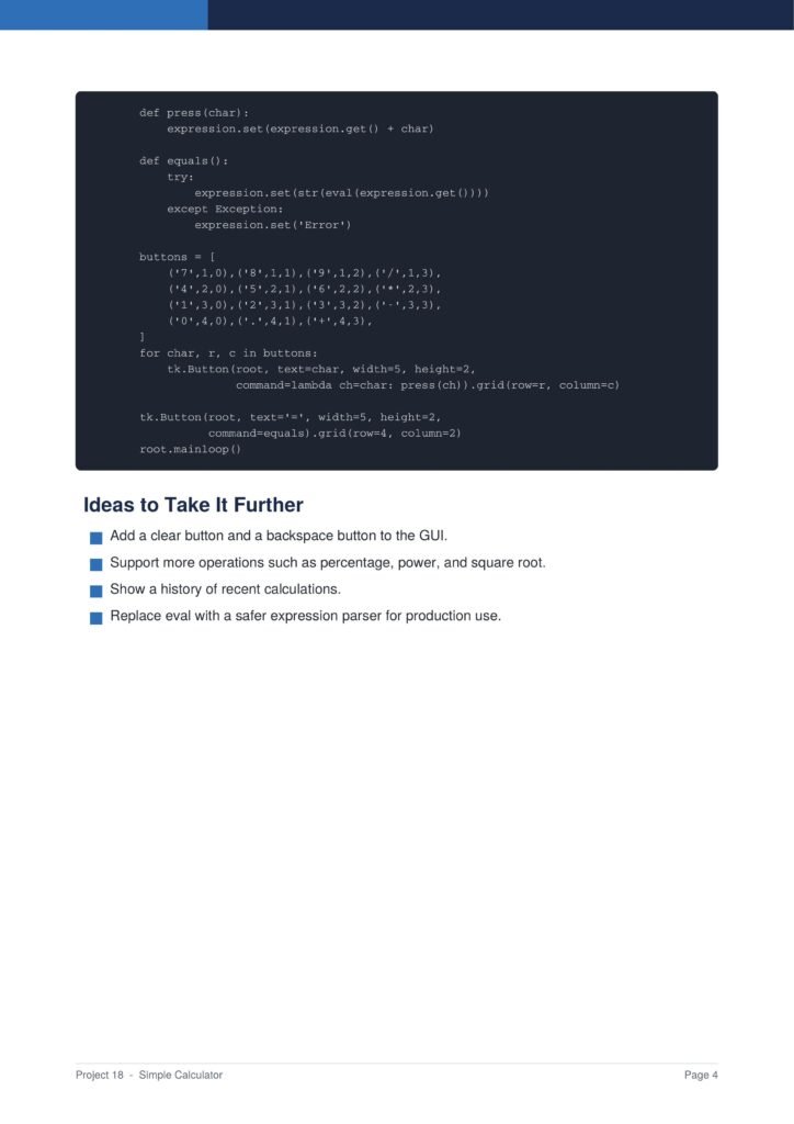Simple Calculator Py Project Guide 4 - Connect 4 Programming Screenshot of a document page with a dark code block and the heading 'Ideas to Take It Further' followed by a bulleted list and a footer reading 'Project 18 - Simple Calculator'.
