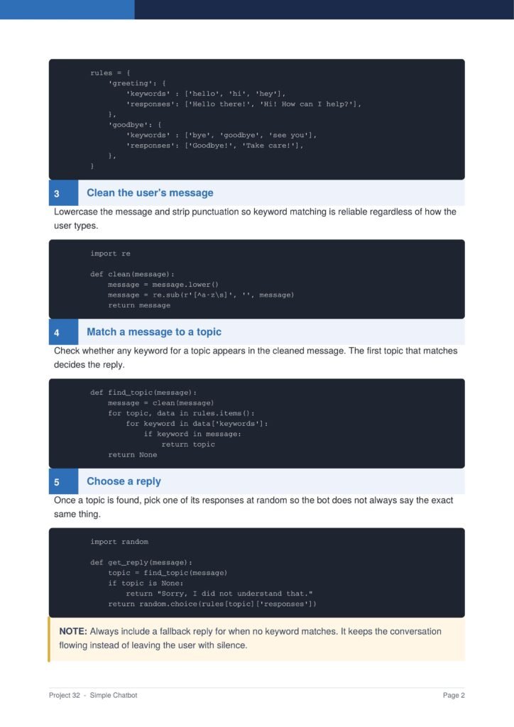 Simple Chatbot Py Project Guide 2 - Connect 4 Programming Screenshot of a tutorial page showing chatbot coding steps (sections 3–5) with code blocks and blue section headers.