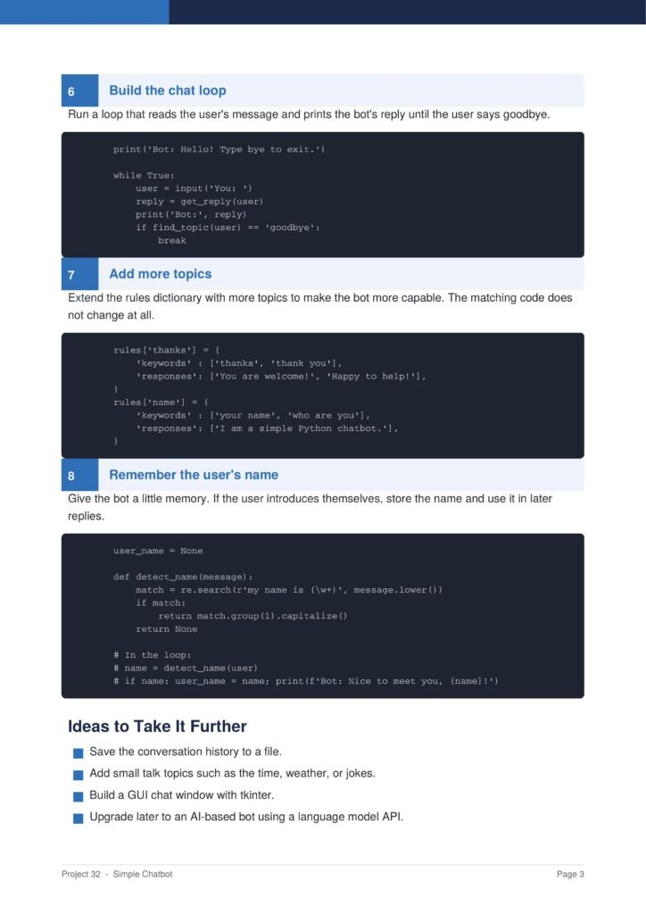 Simple Chatbot Py Project Guide 3 - Connect 4 Programming Page from a guide showing steps to build a chat bot: 'Build the chat loop' with Python code snippet and next step 'Add more topics'
