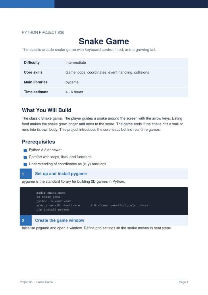 Snake Game Py Project Guide 1 - Connect 4 Programming Snake Game project page: title, subtitle, and a light blue table listing Difficulty, Core skills, Main libraries, and Time estimate.