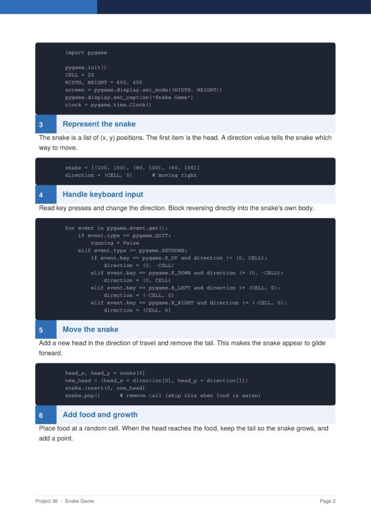 Snake Game Py Project Guide 2 - Connect 4 Programming Screenshot of a programming tutorial page about a Snake game, showing code blocks and section headings (Represent the snake, Move the snake, etc.). This is page 2 of the Project 36 - Snake Game document.