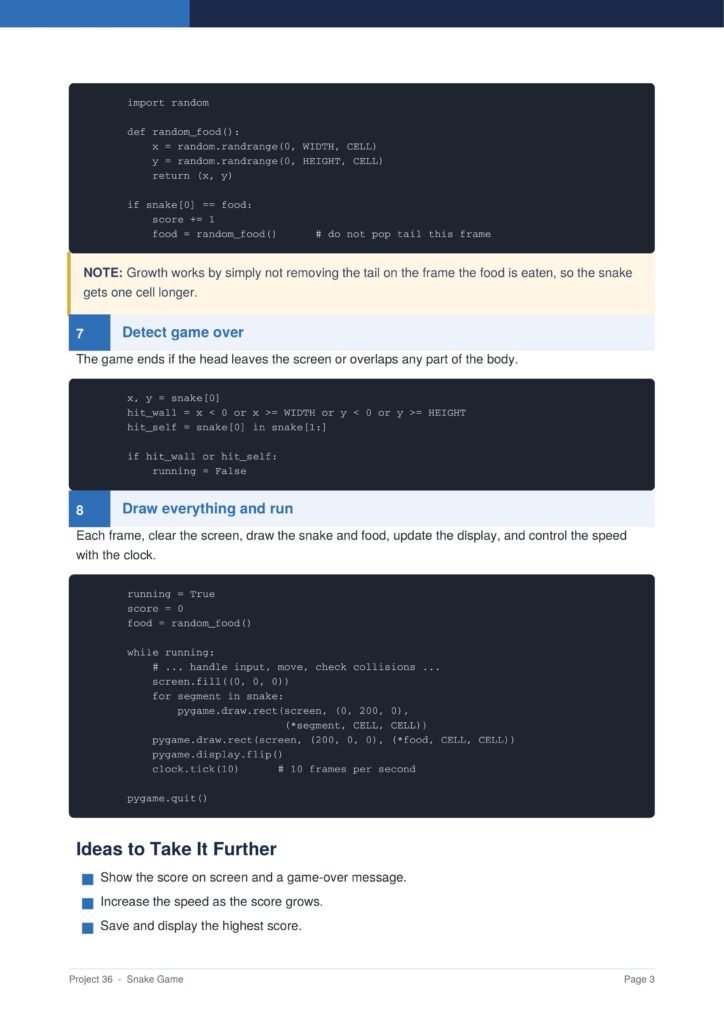 Snake Game Py Project Guide 3 - Connect 4 Programming Code-heavy page showing snake game instructions: Python snippets for random_food, growth note, and game loop with sections labeled 7–8.
