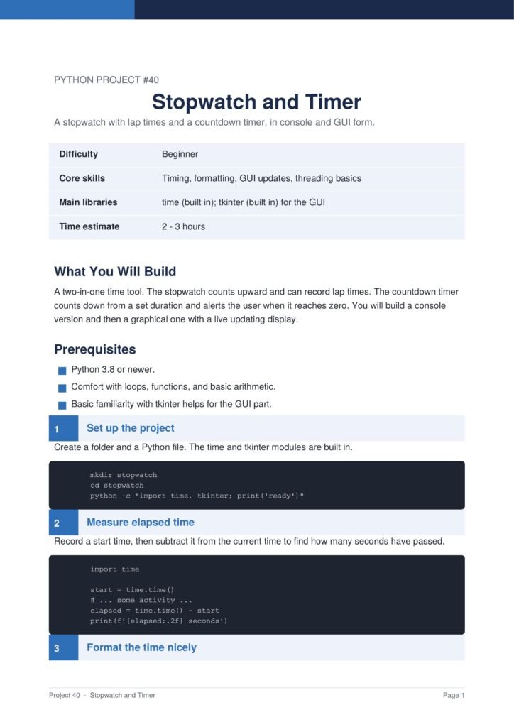 Stopwatch and Timer Py Project Guide 1 - Connect 4 Programming Page from a Python project guide titled'Stopwatch and Timer' with a blue header and a light blue table listing Difficulty, Core skills, Main libraries, and Time estimate on the page edge still visible in the image.