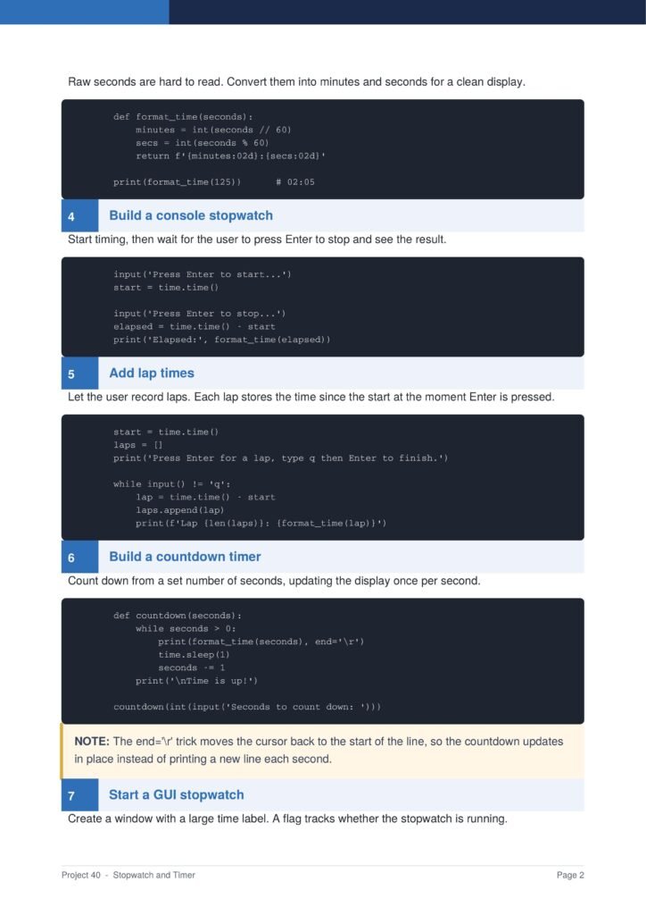 Stopwatch and Timer Py Project Guide 2 - Connect 4 Programming Tutorial page with code blocks showing Python timing and a 'Build a console stopwatch' section.