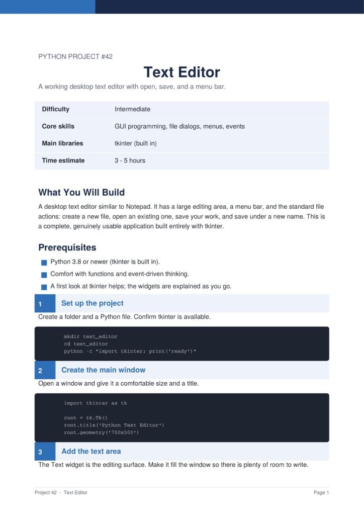 Text Editor Py Project Guide 1 - Connect 4 Programming Screenshot of a project page titled 'Text Editor' with a blue header and an accompanying table (Difficulty, Core skills, Main libraries, Time estimate) and a 'What You Will Build' section.