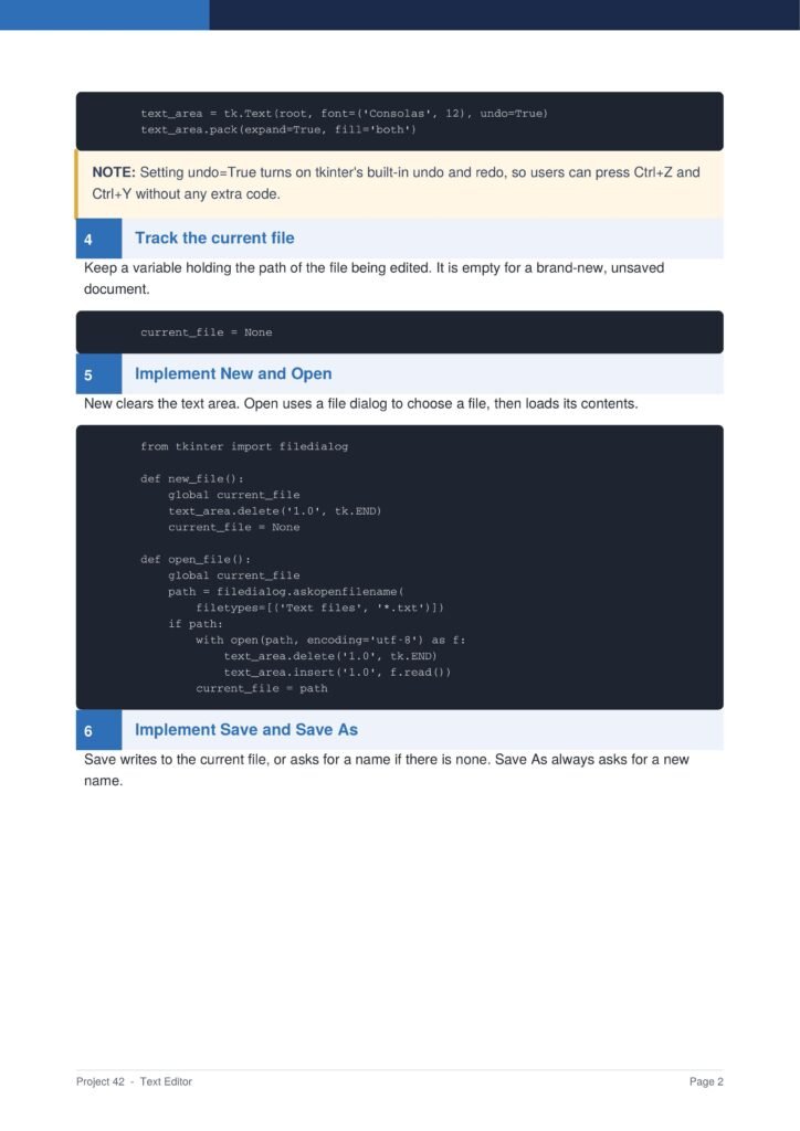 Text Editor Py Project Guide 2 - Connect 4 Programming Tutorial page showing steps 4–6 of a Tkinter Text Editor guide, with blue step numbers and headers: 'Track the current file', 'Implement New and Open', and 'Implement Save and Save As', plus code blocks in dark panels and explanatory paragraphs.