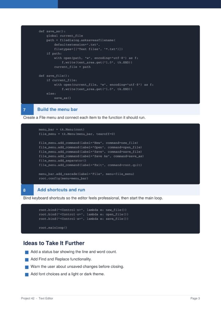 Text Editor Py Project Guide 3 - Connect 4 Programming Code block showing Python Tkinter menu setup (creating a File menu and commands) with a section header 'Build the menu bar'.