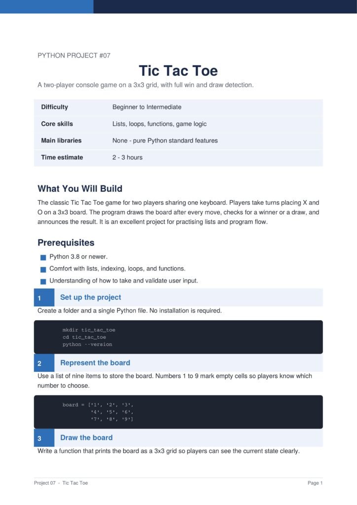 Overview page for Python Project #07: Tic Tac Toe, including title, description, and a difficulty table with skills and time estimate.