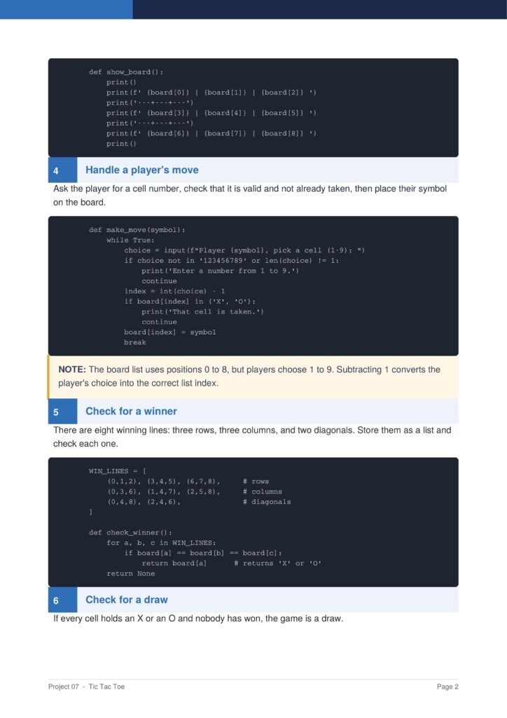Snippet of a programming tutorial page showing Python code to implement a Tic Tac Toe board and moves in dark code blocks.