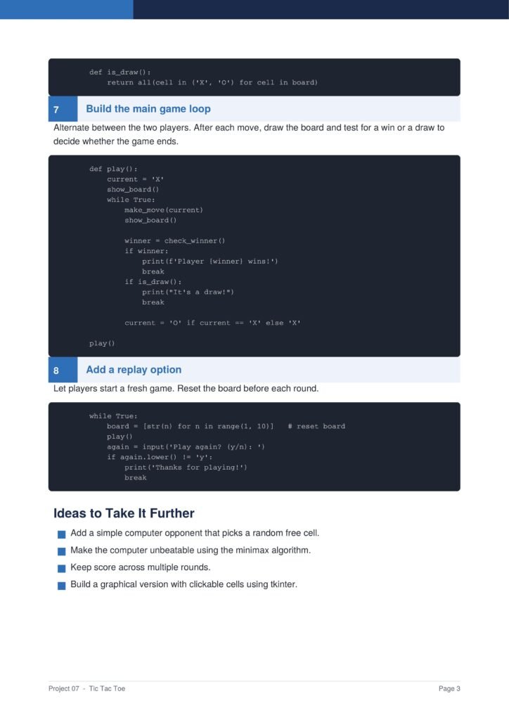 Tutorial page showing code blocks for a Tic Tac Toe game, including the main game loop and play function.
