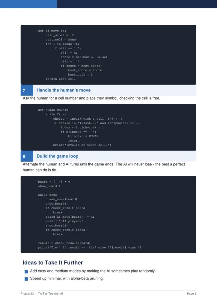Screenshot of a tutorial page showing code blocks for Tic Tac Toe AI: sections 7 'Handle the human's move' and 8 'Build the game loop', with Python-like pseudocode and blue section headers.