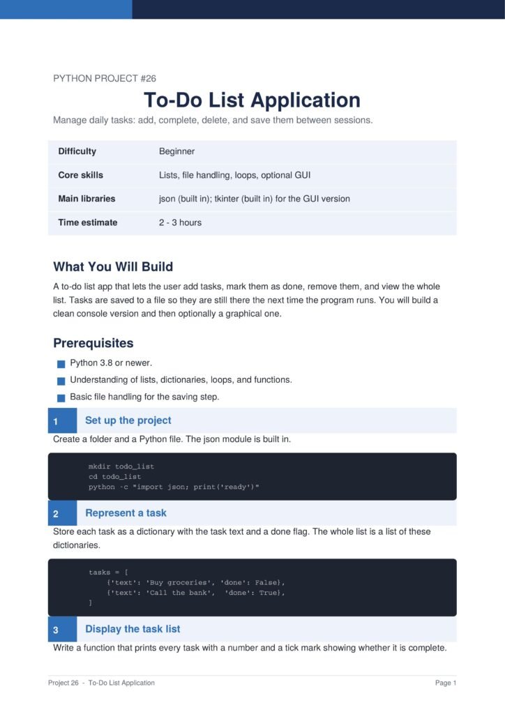 To-Do List Application Py Project Guide 1 - Connect 4 Programming Screenshot of Python Project #26: To-Do List Application tutorial with the title, subtitle, and a light-blue task table visible at the top of the page