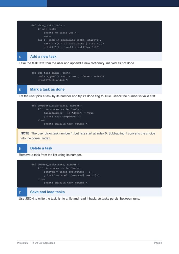 To-Do List Application Py Project Guide 2 - Connect 4 Programming Screenshot of a Python to-do list tutorial showing steps to add, complete, and delete tasks (sections 4–7).