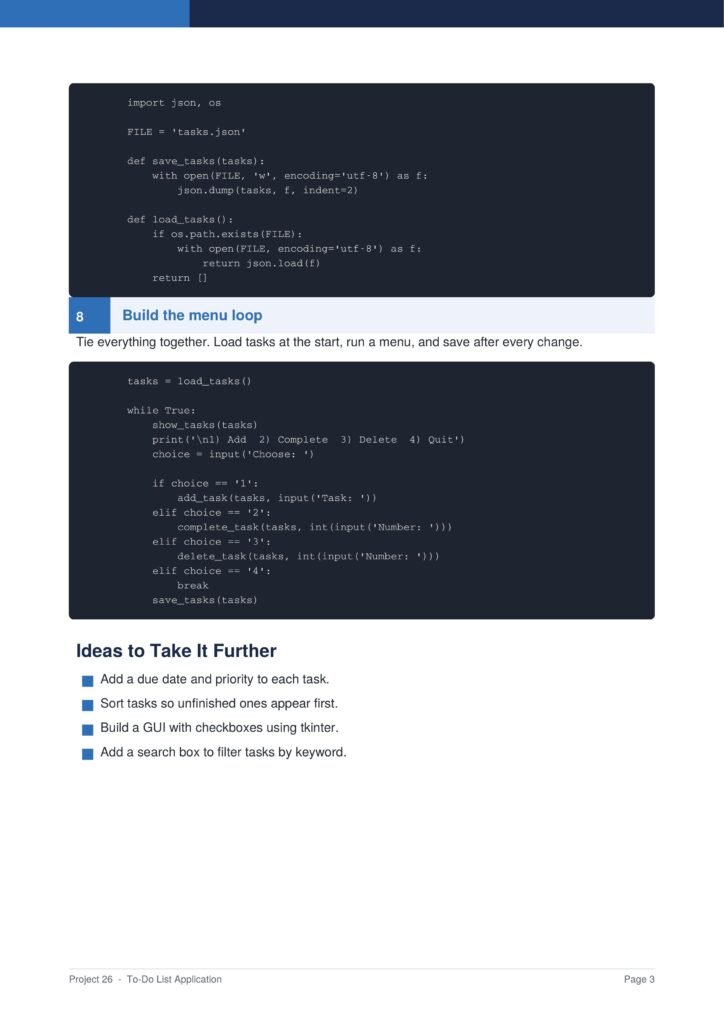 To-Do List Application Py Project Guide 3 - Connect 4 Programming Tutorial page showing Python code for loading/saving tasks, with a highlighted 'Build the menu loop' step and a later 'Ideas to Take It Further' section.