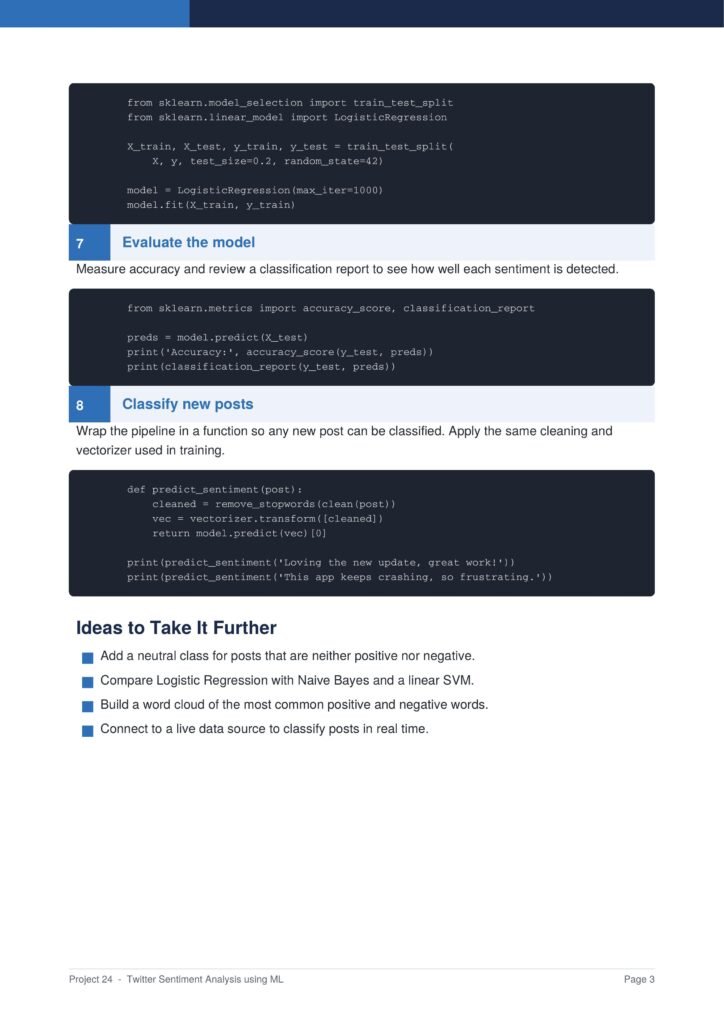 Screenshot of a tutorial page showing section 7 Evaluate the model and section 8 Classify new posts, with dark code blocks and blue headers.