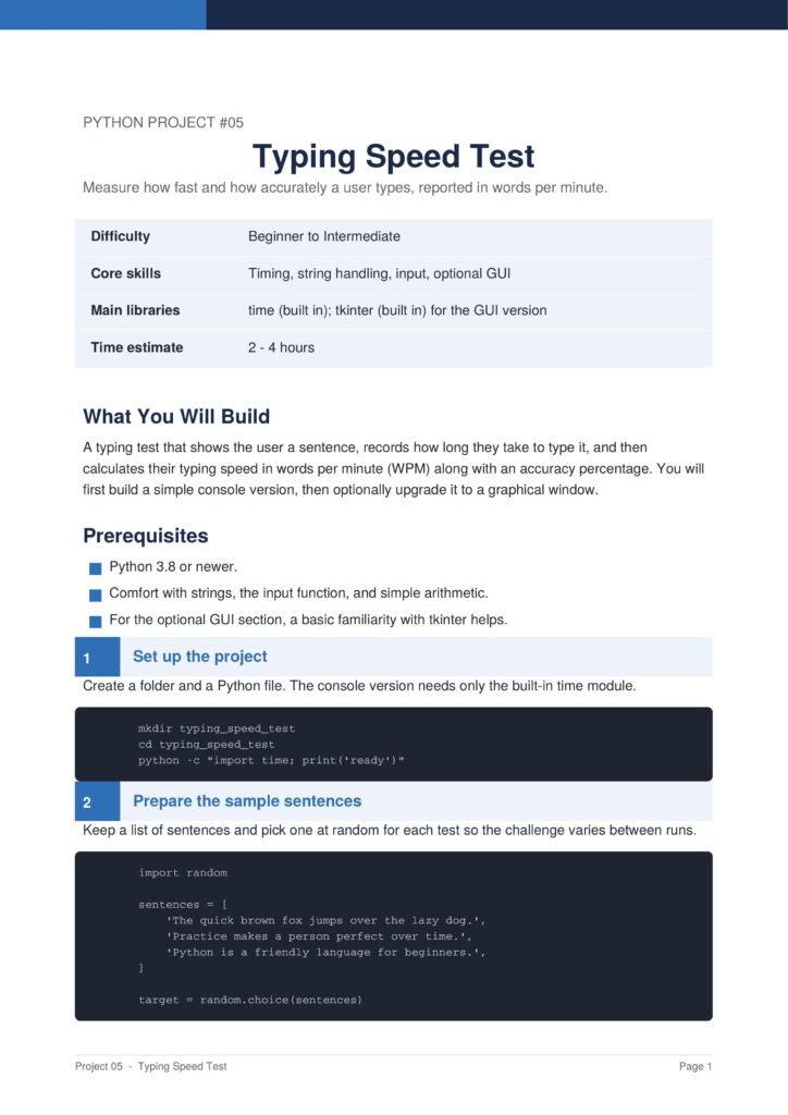 Typing Speed Test Py Project Guide 1 - Connect 4 Programming Slide titled Typing Speed Test with a blue header, subtitle, and a light blue table outlining Difficulty, Core skills, Main libraries, and Time estimate.