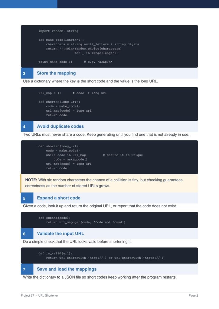 URL Shortener Py Project Guide 2 - Connect 4 Programming Page from a programming guide showing steps 3–7 for URL shortening, with code blocks and blue section headers.