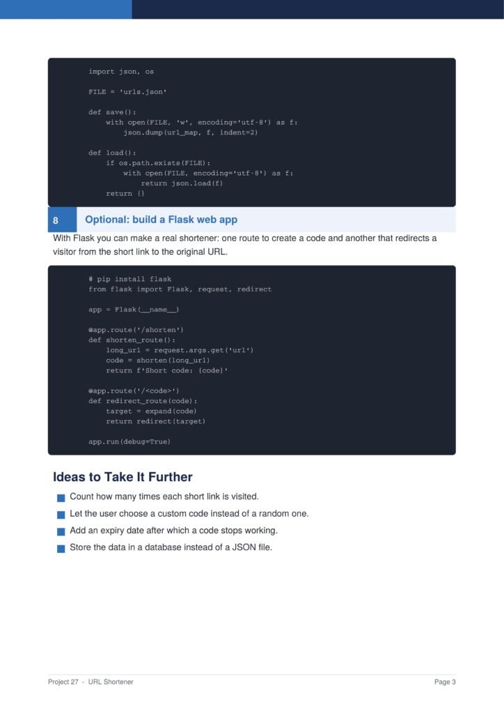 URL Shortener Py Project Guide 3 - Connect 4 Programming Tutorial page screenshot showing Python code blocks for a Flask URL shortener and accompanying explanatory text.