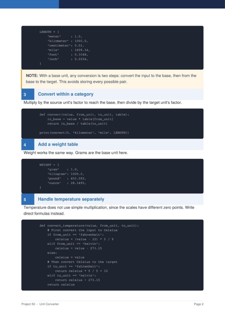 Unit Converter Py Project Guide 2 - Connect 4 Programming Code sample showing LENGTH conversion factors in a Python dict with note on base units used for conversion.