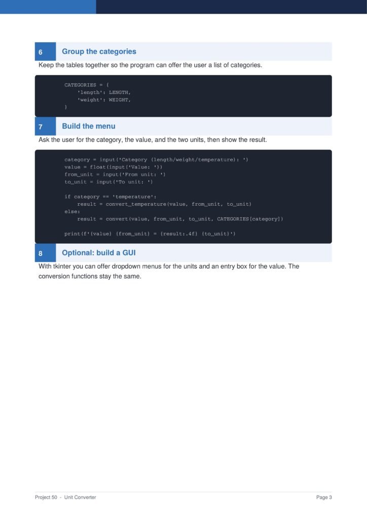 Unit Converter Py Project Guide 3 - Connect 4 Programming Tutorial page showing steps 6 and 7: 'Group the categories' and 'Build the menu' with code blocks for a unit converter, including a CATEGORIES dict and an input-driven conversion snippet.