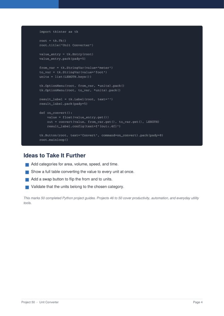 Unit Converter Py Project Guide 4 - Connect 4 Programming Code snippet in a dark rounded panel showing Python Tkinter code for a 'Unit Converter' app.