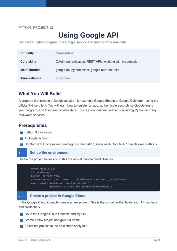 Using Google API Py Project Guide 1 - Connect 4 Programming Slide titled 'Using Google API' with a blue header and a light-blue table of difficulty, core skills, and libraries.