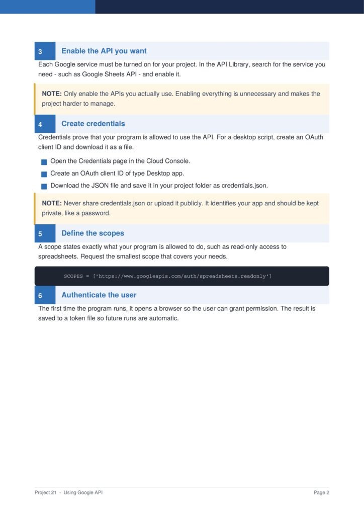 Using Google API Py Project Guide 2 - Connect 4 Programming Page from a Google API guide showing steps 3 and 4: Enable the API you want and Create credentials with notes about usage and security.