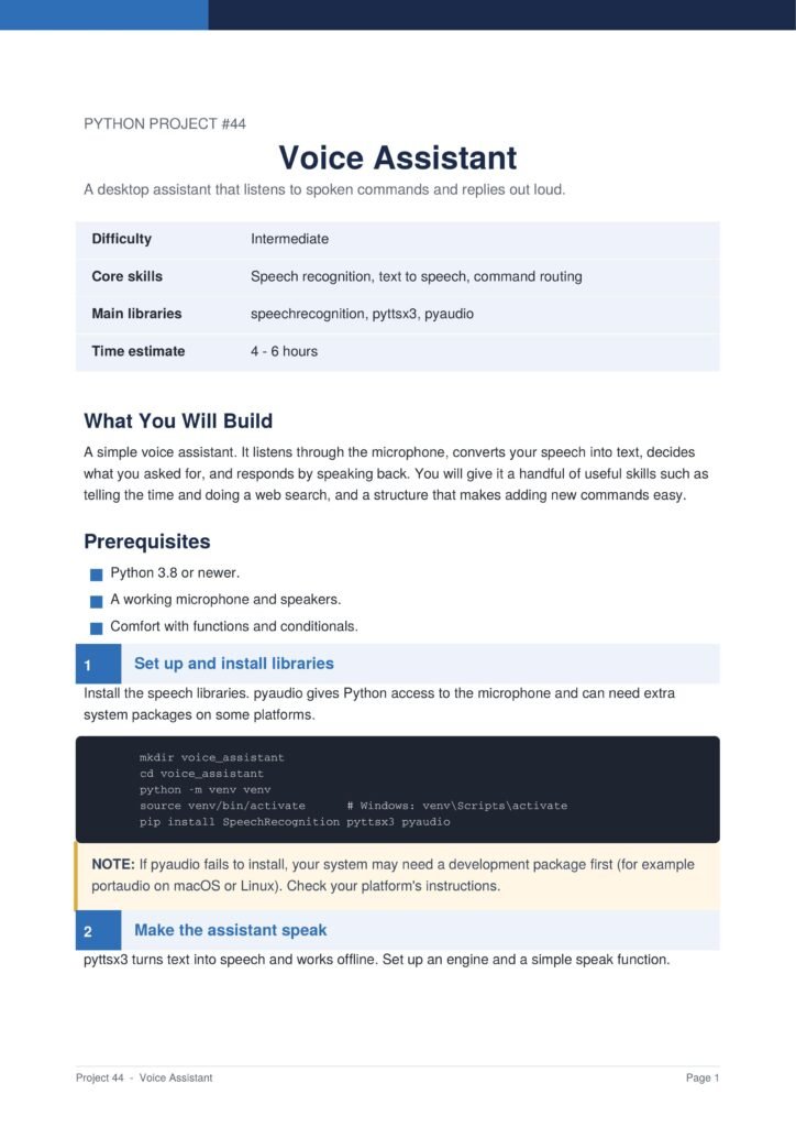Voice Assistant Py Project Guide 1 - Connect 4 Programming Project page titled'Voice Assistant' with a description and a pastel table outlining difficulty, core skills, libraries, and time estimate (4–6 hours).