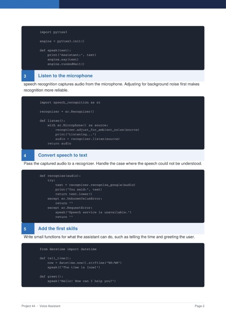 Voice Assistant Py Project Guide 2 - Connect 4 Programming Tutorial page screenshot showing code blocks for a speech recognition task: listen to the microphone and convert speech to text, with section headings 3 Listen to the microphone and 4 Convert speech to text.