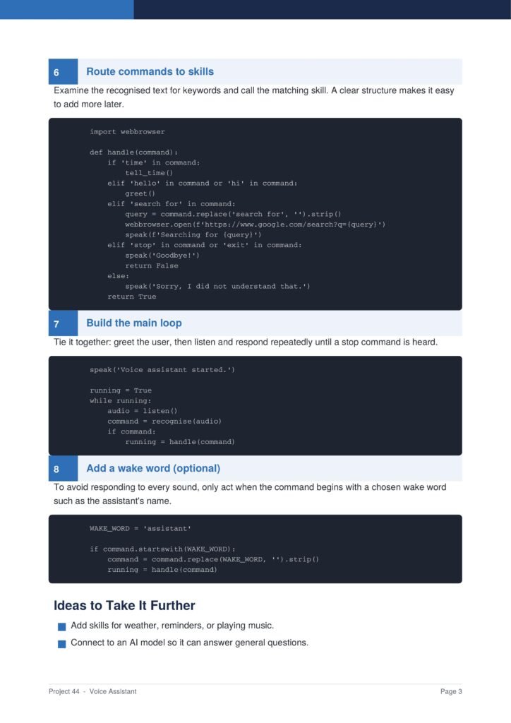 Voice Assistant Py Project Guide 3 - Connect 4 Programming Page showing Section 6'Route commands to skills' with a dark code block and Section 7 'Build the main loop' below, from a guide on a voice assistant project