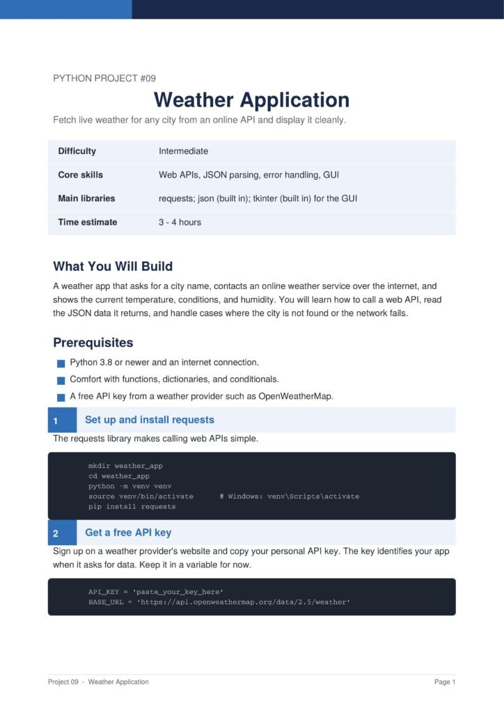 Page from a Python project: 'Weather Application' tutorial with table of requirements (Difficulty, Core skills, Main libraries, Time estimate). It shows a header and descriptive text.
