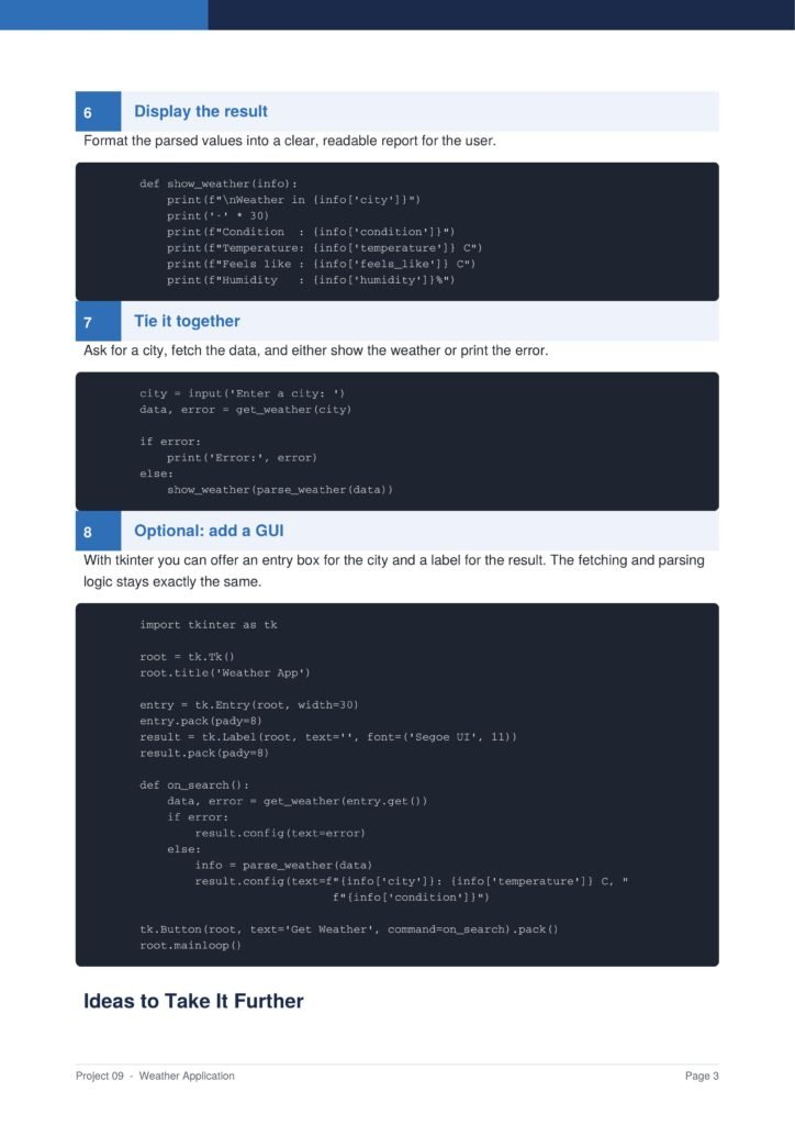Screenshot of a programming tutorial page: sections 6 and 7 titled 'Display the result' and 'Tie it together' with Python code blocks for a weather app, plus a continuation section 8 about adding a GUI.