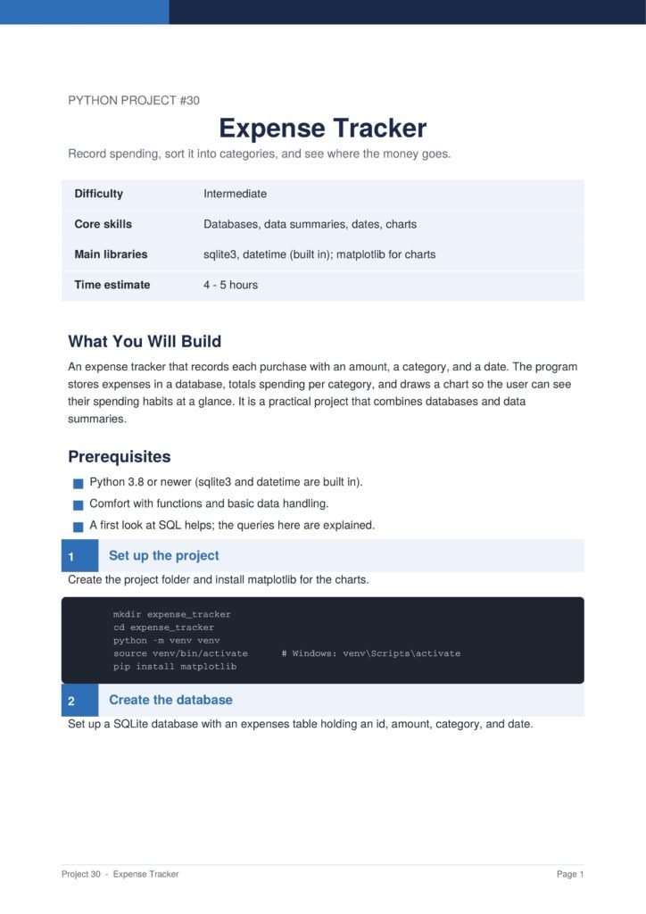 Web Scraper Py Project Guide 1 - Connect 4 Programming Expense Tracker project slide: title, subtitle, and a blue header bar from a Python Project #30 page.