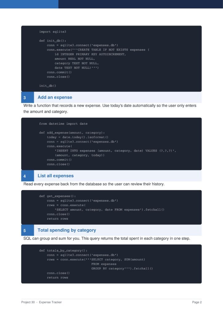 Web Scraper Py Project Guide 2 - Connect 4 Programming Tutorial page showing code blocks for expense tracker in Python with steps: 3 Add an expense, 4 List all expenses, plus sample SQL/SQLite code.