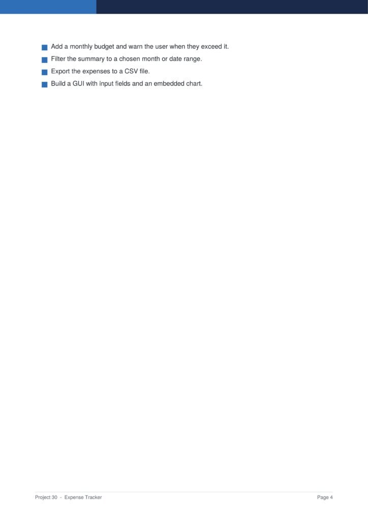 Web Scraper Py Project Guide 4 - Connect 4 Programming Slide listing four expense-tracker features: monthly budget alert, date/month filter, CSV export, and a GUI with input fields and an embedded chart.
